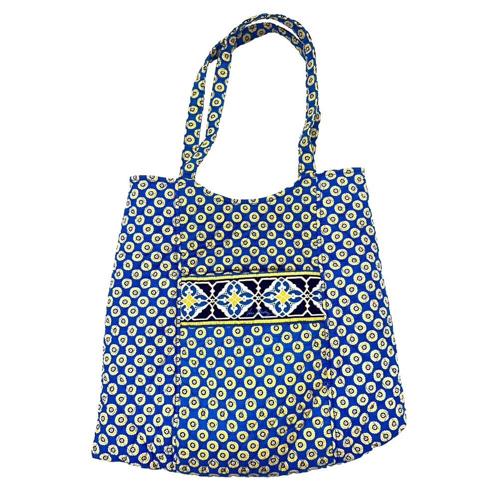 VERA BRADLEY Tote Bag Riviera Blue Yellow Flower Pockets Quilted Snap Closure